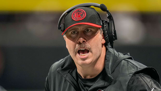 Sep 10, 2023; Atlanta, Georgia, USA; Atlanta Falcons head coach Arthur Smith reacts to a call during the game against the Carolina Panthers during the second half at Mercedes-Benz Stadium.
